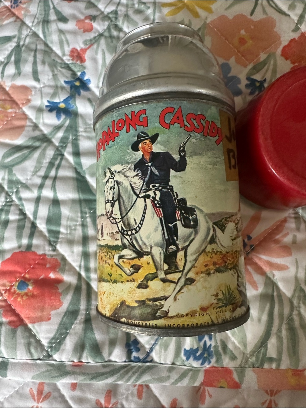 Vintage Hop Along Cassidy -themed water thermos Metal in Cream and Red